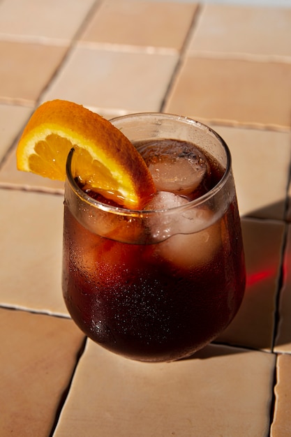 High angle negroni cocktail with orange