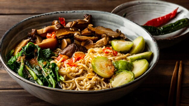 High angle noodles in a bowl