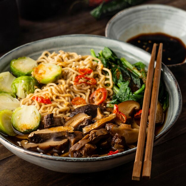 High angle noodles in a bowl