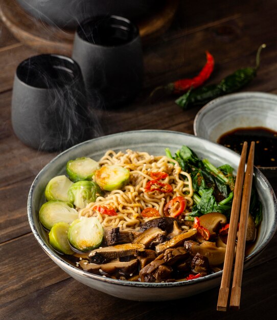 High angle noodles in a bowl