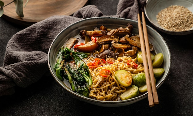 High angle noodles meal assortment