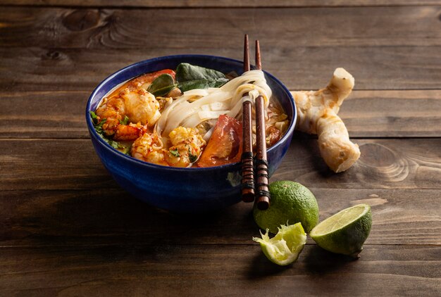 High angle noodles meal in bowl arrangement