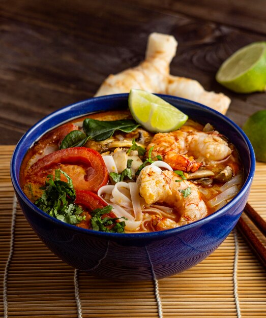 High angle noodles meal in bowl composition