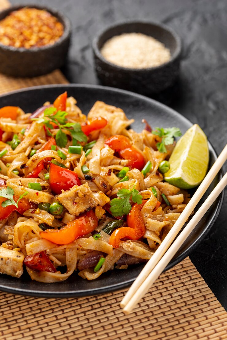 Free Photo high angle noodles with vegetables and chicken with chopsticks