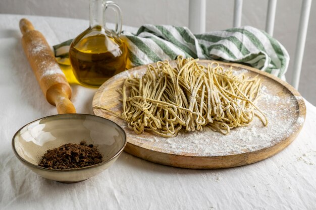 High angle noodles on wooden board  arrangement