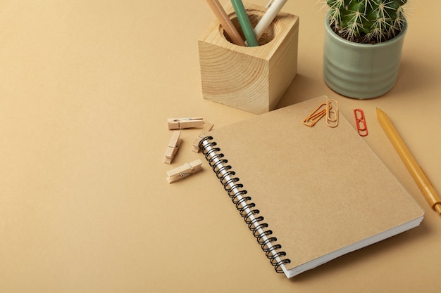 Free photo high angle notebook and plant pot