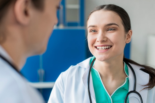 High angle nurses talking