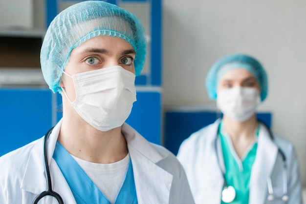 High angle nurses wearing mask