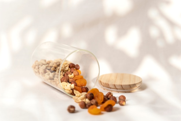 Free photo high angle nuts and dried fruits