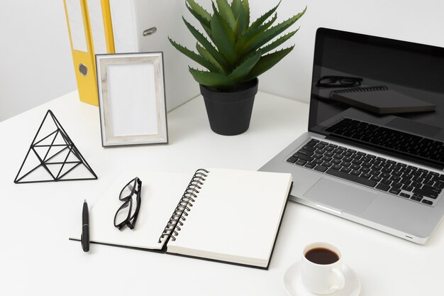 High angle office desk arrangement