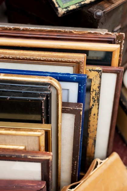 High angle old frames at second hand market