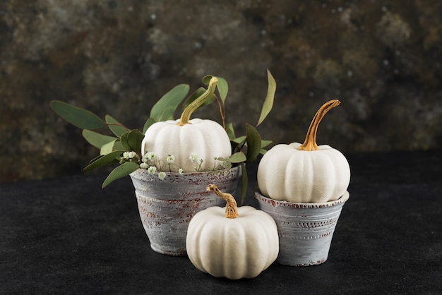 High angle old pots with white pumpkins and leaves