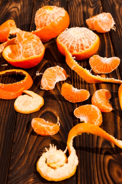 High angle oranges on wooden background