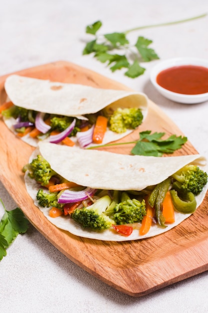 High angle of organic vegetables wrapped in pita