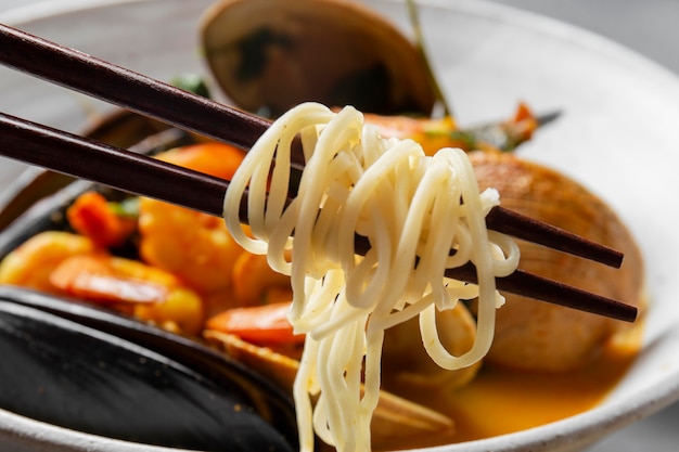 High angle oysters and noodles arrangement