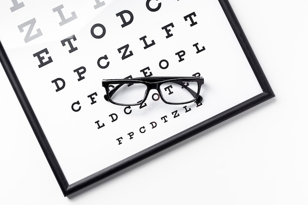 High angle of pair of glasses on panel with letters