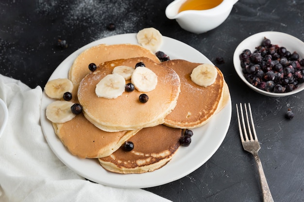 High angle pancakes with bananas