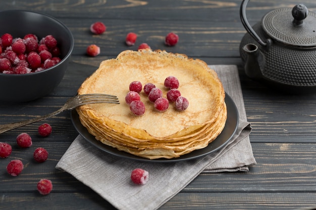 High angle pancakes with fruits