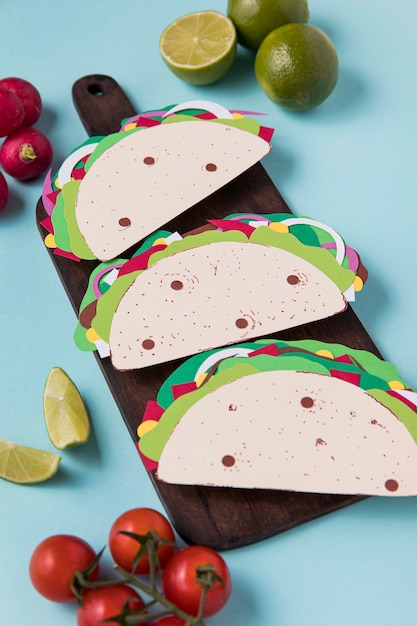 High angle paper tacos on wooden board