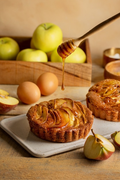 High angle pastry and apples assortment