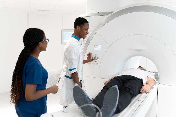 Free Photo high angle patient getting ct scan