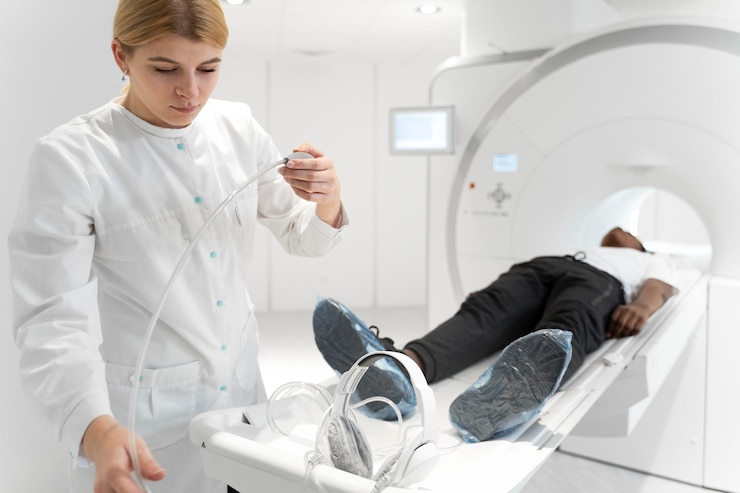 Free Photo high angle patient ready to get ct scan