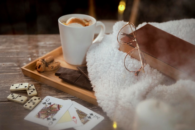 High angle peaceful winter arrangement on wooden table