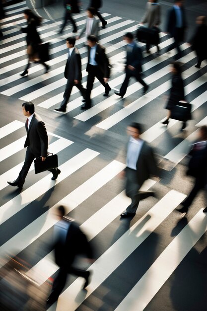 高い角度で通りを横断する人々