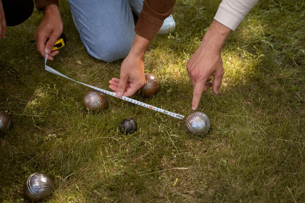 High angle people measuring distance