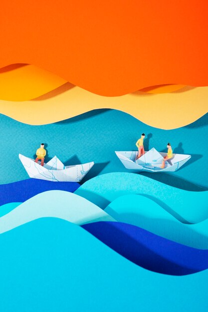 High angle people on paper boats