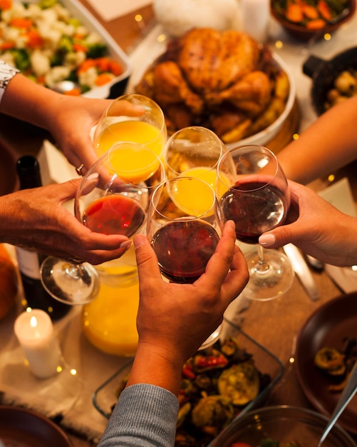 High angle people toasting for thanksgiving