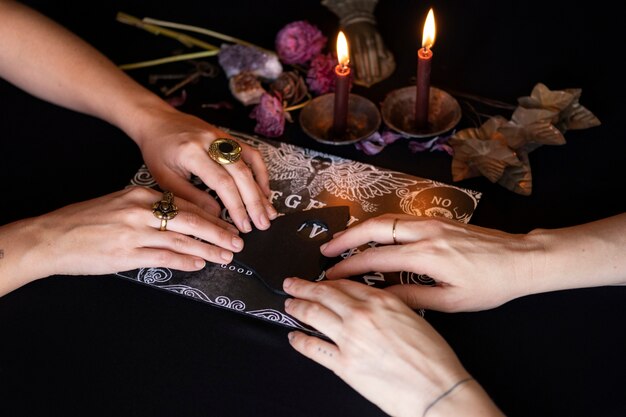 High angle people using old ouija board