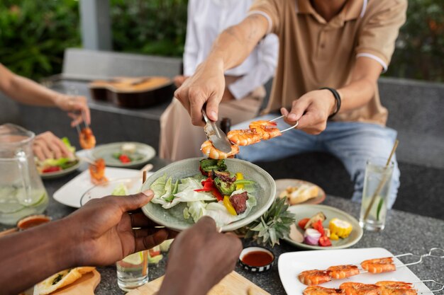 High angle people with delicious food