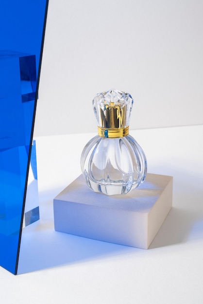 High angle perfume bottle on stand