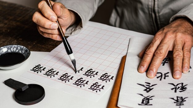 High angle person writing chinese symbols on white paper