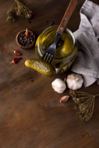 High angle pickles in jar arrangement