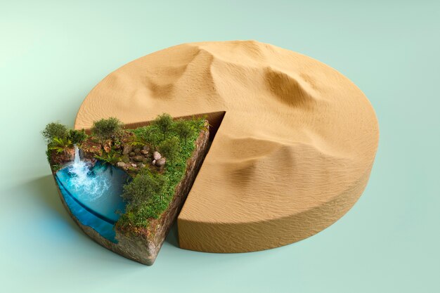 High angle pie chart with desert and waterfall