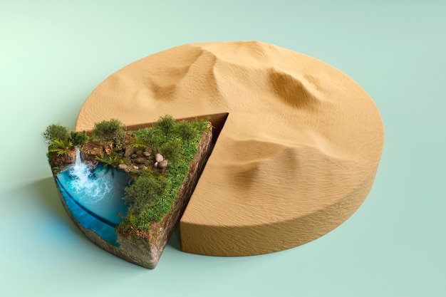 High angle pie chart with desert and waterfall