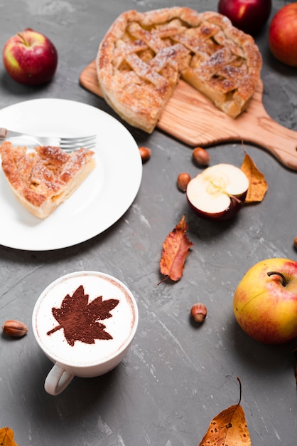 High angle of pie dessert and coffee