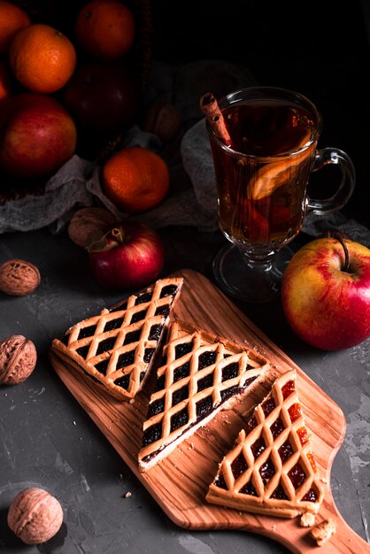 High angle of pie slices with tea