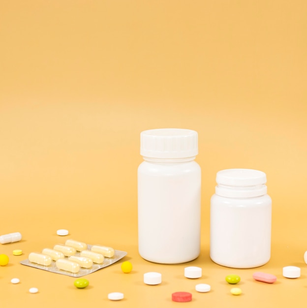 High angle of pill containers and foil