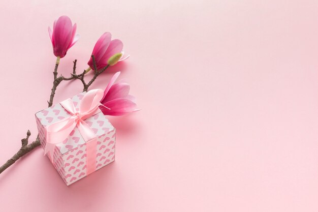 High angle of pink gift with magnolia