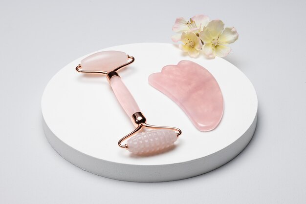 High angle pink gua sha tools arrangement