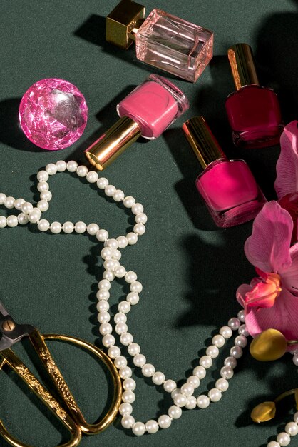 High angle pink ornaments on table