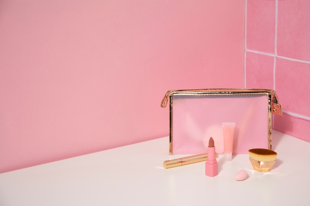 Free photo high angle pink vanity kit