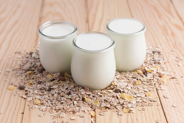 High angle plain yogurt in jars with oats