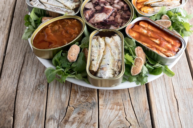 High angle of plate with cans of seafood