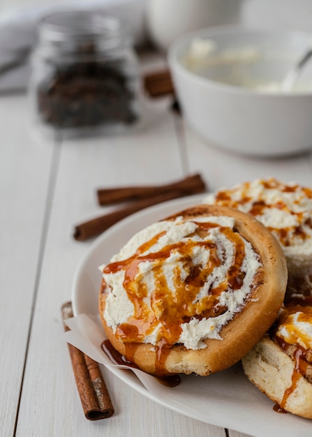 High angle plate with cinnamon rolls