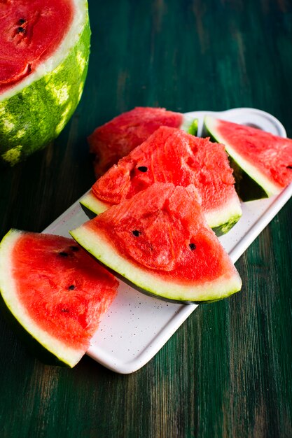 High angle plate with fresh red watermelon