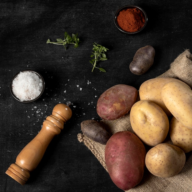 Foto gratuita alto angolo di patate con sale e spezie